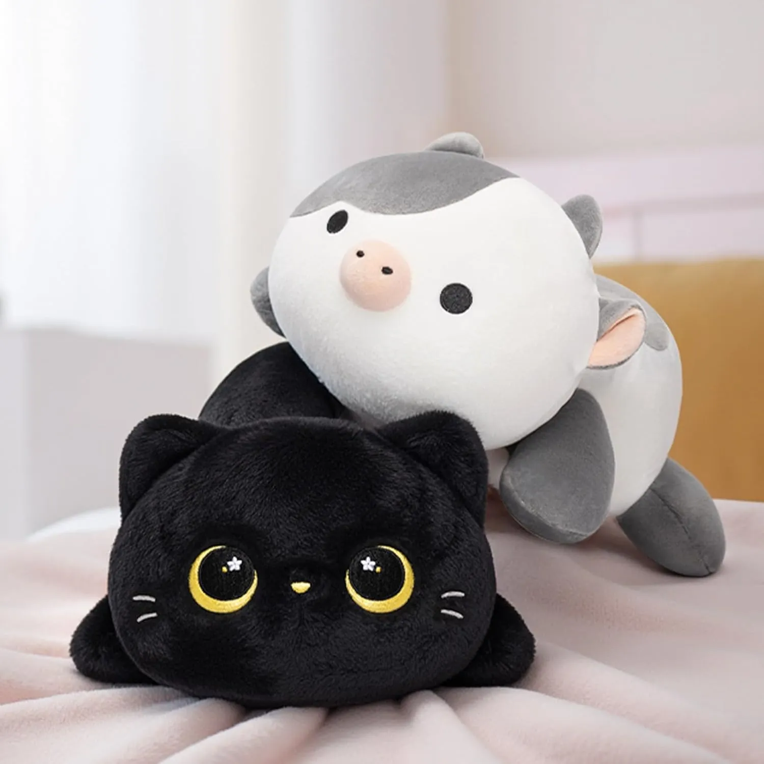 Cute Black Cat Plush Pillow, Kawaii Plushies Black Cat Stuffed Animals, Squishy Plushies, Cuddle Plush Pillow for Kids & Girls (13 Inch)