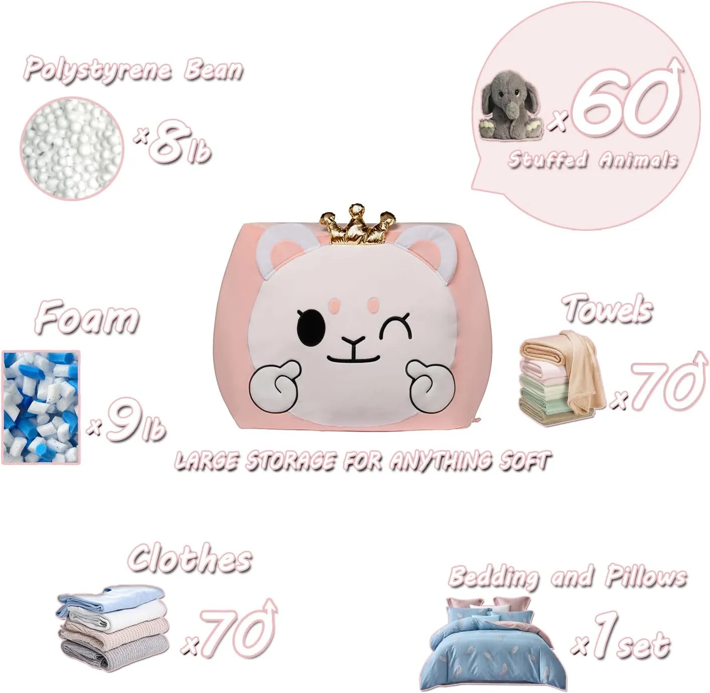 Cute Stuffed Animal Storage for Girls Room Decorations, Bean Bag Chair Kids, Gifts for Girls, Toddler Chairs, Large Size 22x24 Inch Velvet Extra Soft, Cover ONLY