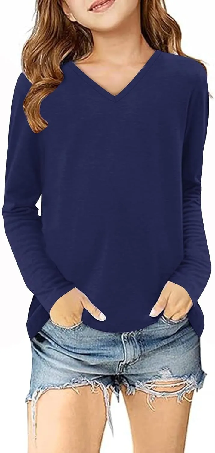 Cute Tops for Girls Casual Spring Kids Long Sleeve v Neck Tunic Shirts Dressy Loose Soft Teens Blouses