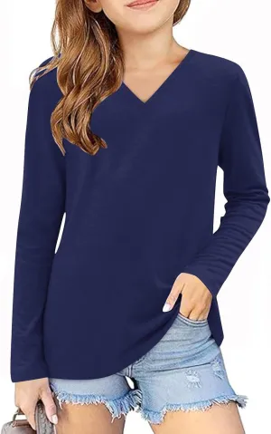Cute Tops for Girls Casual Spring Kids Long Sleeve v Neck Tunic Shirts Dressy Loose Soft Teens Blouses