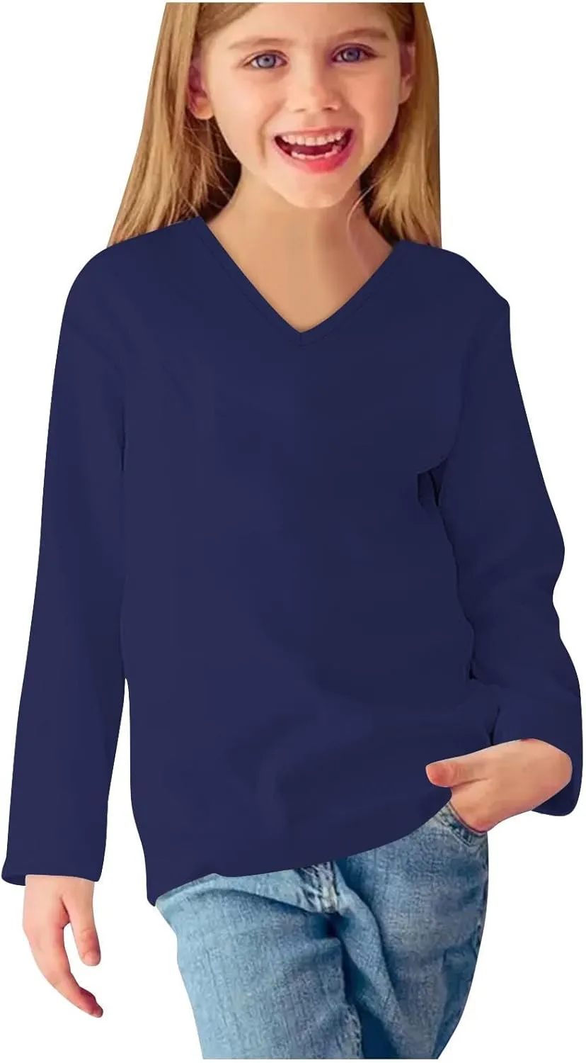 Cute Tops for Girls Casual Spring Kids Long Sleeve v Neck Tunic Shirts Dressy Loose Soft Teens Blouses