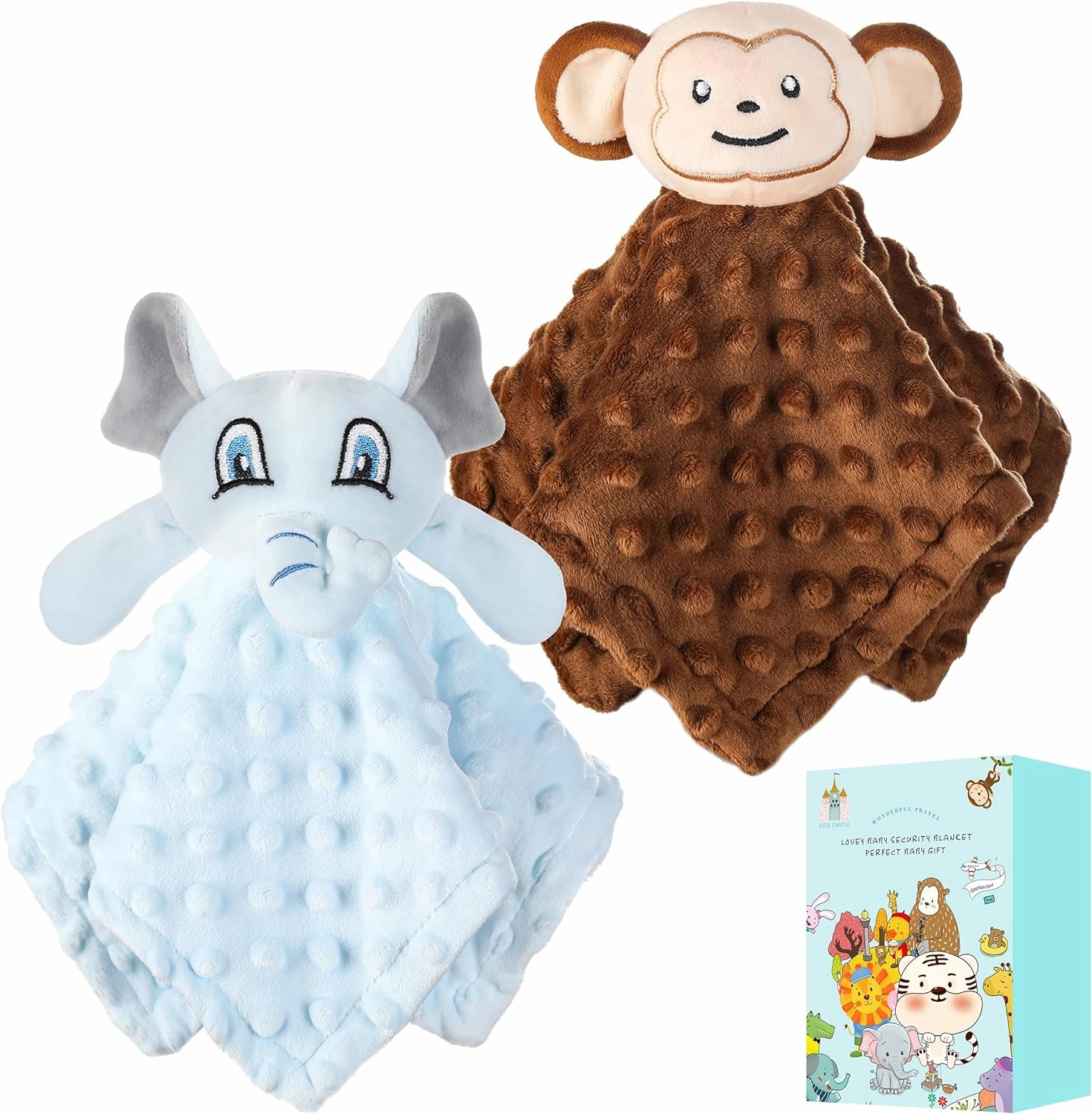 Cute Castle Security Blanket Baby Gifts Box - Soft Unisex Newborn Essentials for Boys and Girls - Neutral Baby Stuff Snuggle Cloths for Baby Registry Search Shower (White Tiger & Grey Elephant)