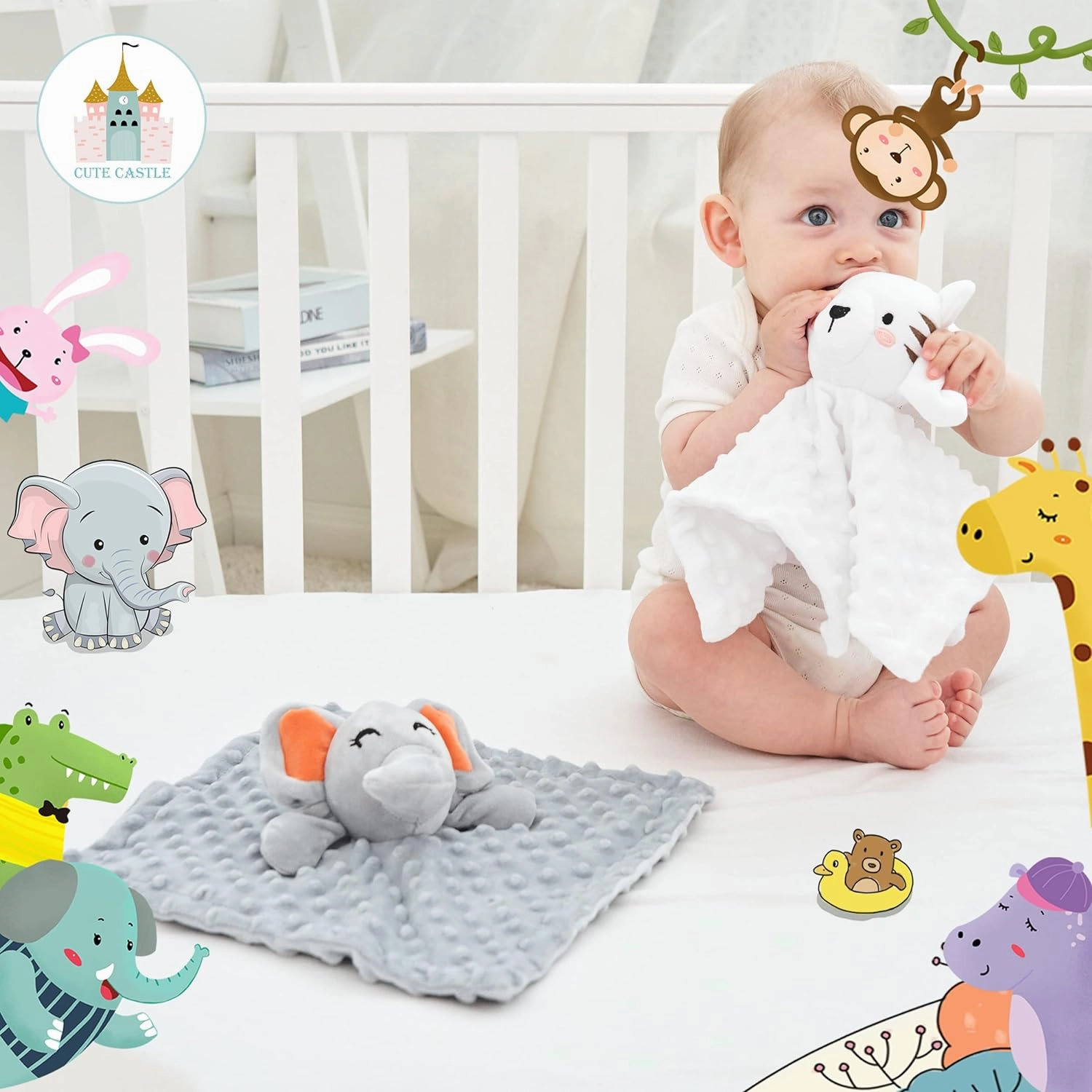 Cute Castle Security Blanket Baby Gifts Box - Soft Unisex Newborn Essentials for Boys and Girls - Neutral Baby Stuff Snuggle Cloths for Baby Registry Search Shower (White Tiger & Grey Elephant)