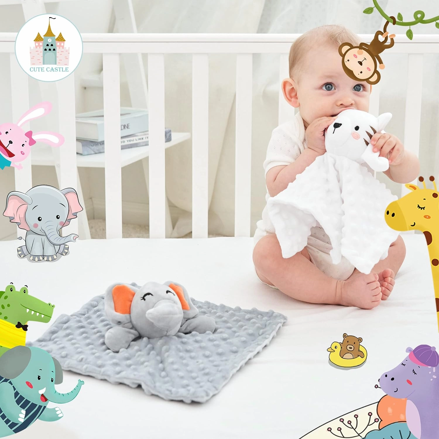 Cute Castle Security Blanket Baby Gifts Box - Soft Unisex Newborn Essentials for Boys and Girls - Neutral Baby Stuff Snuggle Cloths for Baby Registry Search Shower (White Tiger & Grey Elephant)
