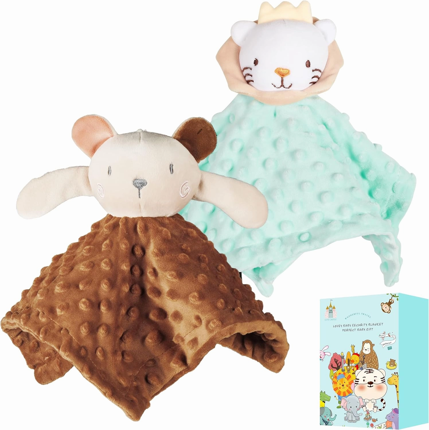 Cute Castle Security Blanket Baby Gifts Box - Soft Unisex Newborn Essentials for Boys and Girls - Neutral Baby Stuff Snuggle Cloths for Baby Registry Search Shower (White Tiger & Grey Elephant)