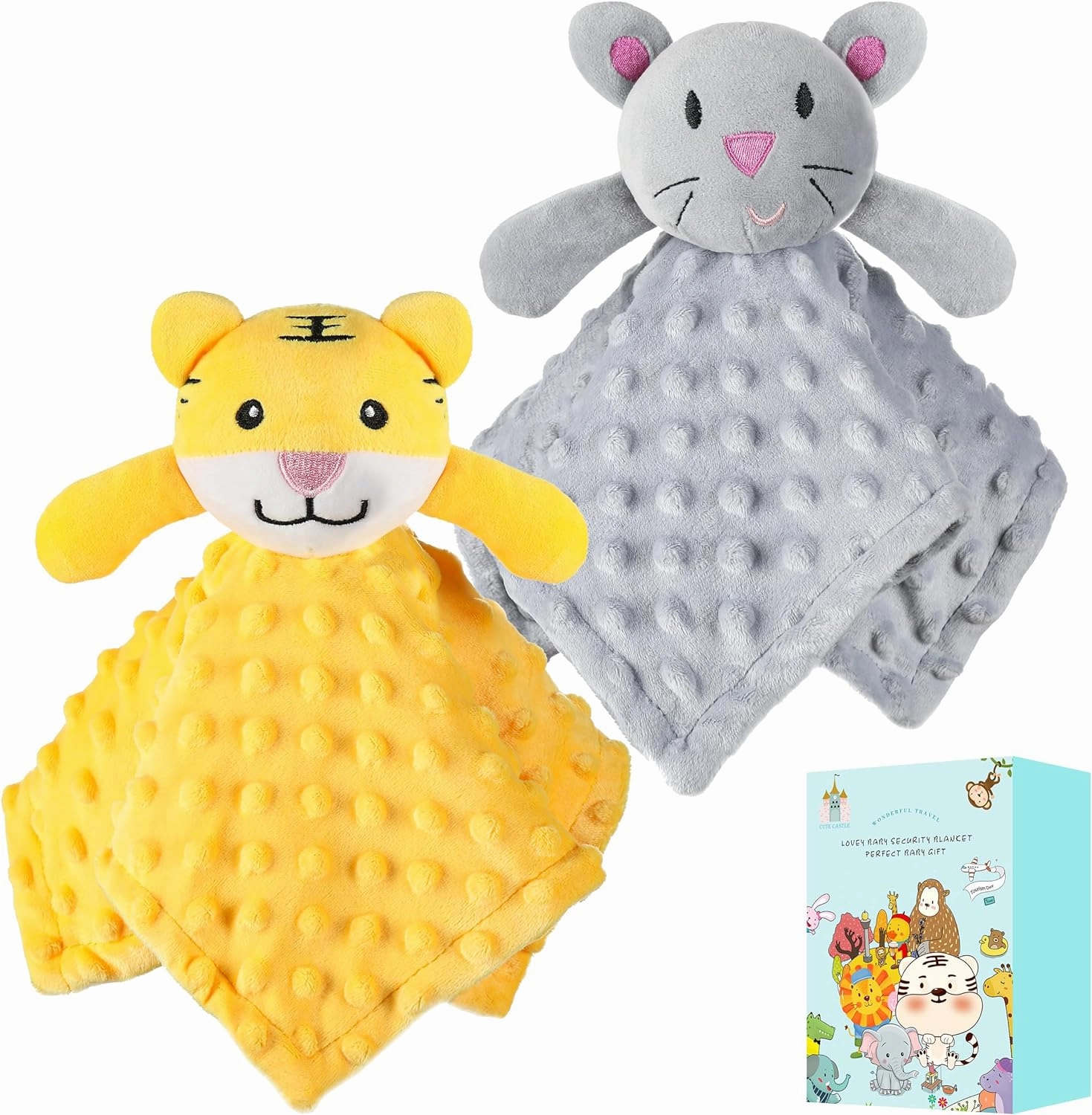 Cute Castle Security Blanket Baby Gifts Box - Soft Unisex Newborn Essentials for Boys and Girls - Neutral Baby Stuff Snuggle Cloths for Baby Registry Search Shower (White Tiger & Grey Elephant)