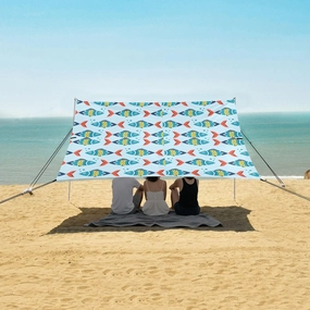 Cute Retro Fish Pattern Beach Canopy Tent Anti-UV & Wind Resistant, Camping Sun Shelter Easy Setup Portable,Outdoor Shade Tents with Sandbags,Sand Shovels,Ground Pegs & Stability Poles