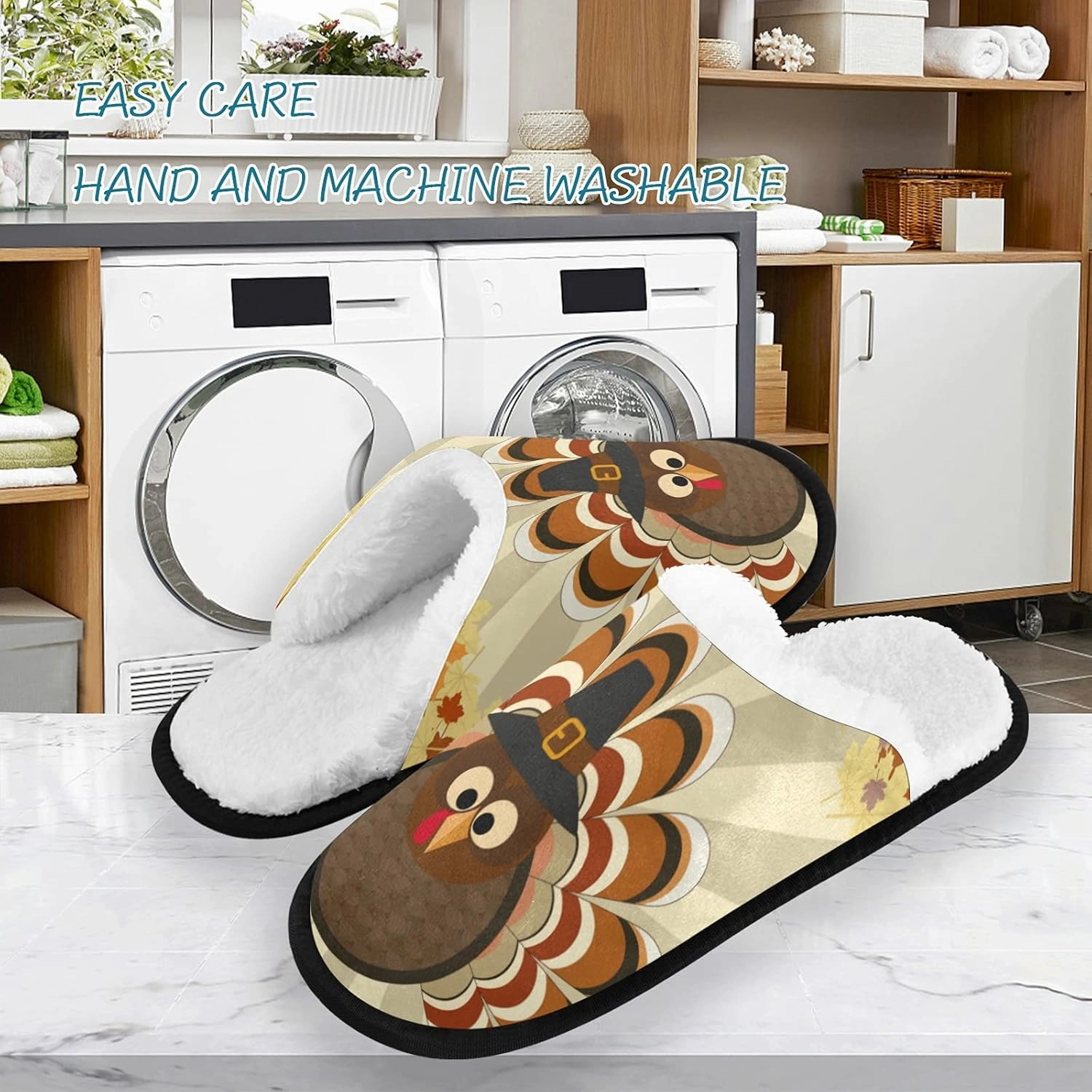 Cute Turkey Fall Thanksgiving Slippers, Soft Memory Foam Non-Slip Indoor House Slippers Home Shoes for Bedroom Hotel Travel Spa