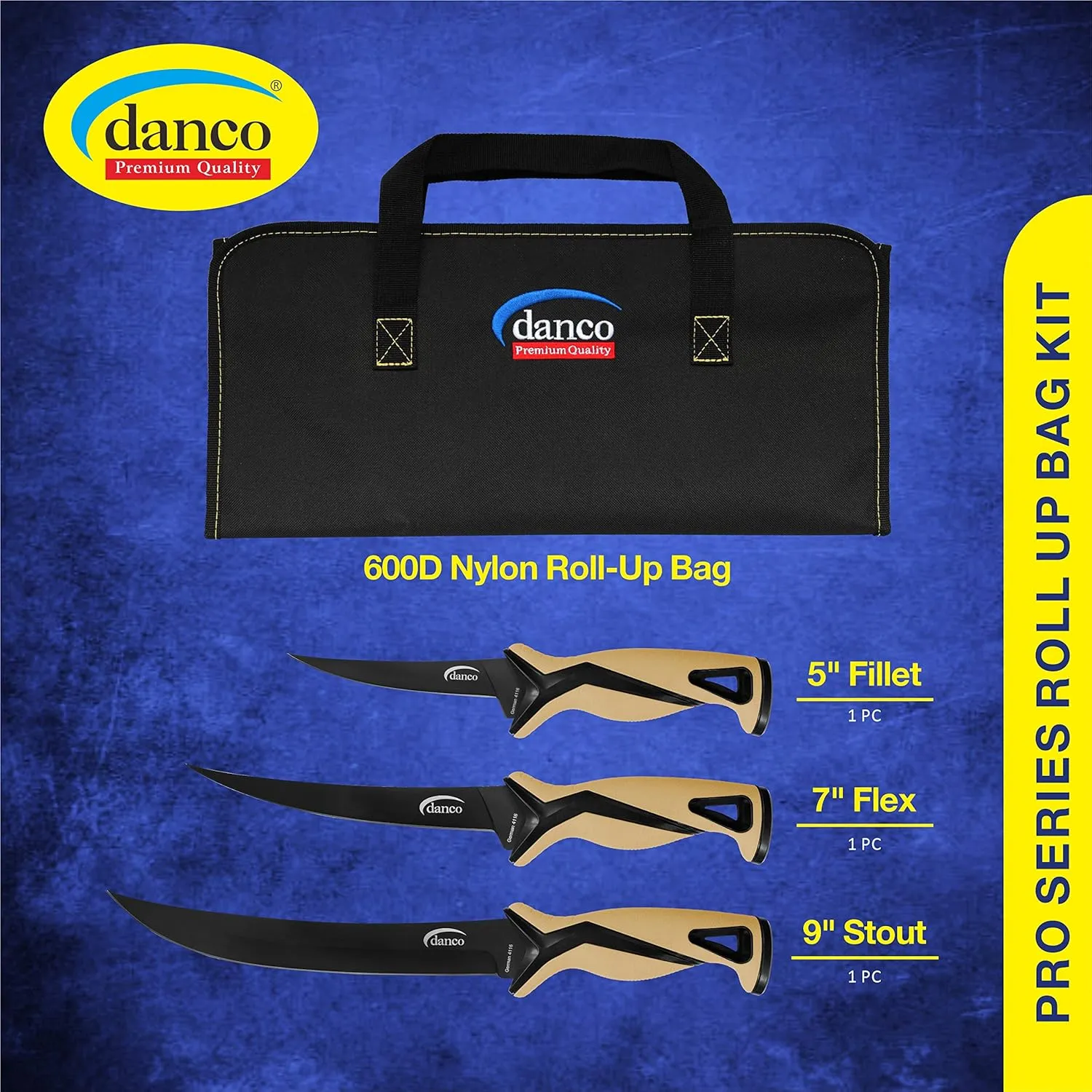 danco Pro Series Roll Up Bag Kit | 5" & 7" Fillet Knives and 9" Stout Knife | Full Tang German G4116 Stainless-Steel Blades with Teflon Coating, (Sandstorm)