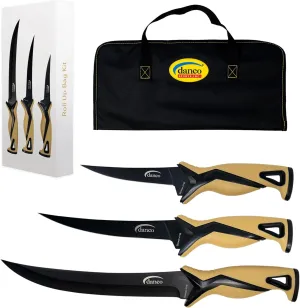 danco Pro Series Roll Up Bag Kit | 5" & 7" Fillet Knives and 9" Stout Knife | Full Tang German G4116 Stainless-Steel Blades with Teflon Coating, (Sandstorm)