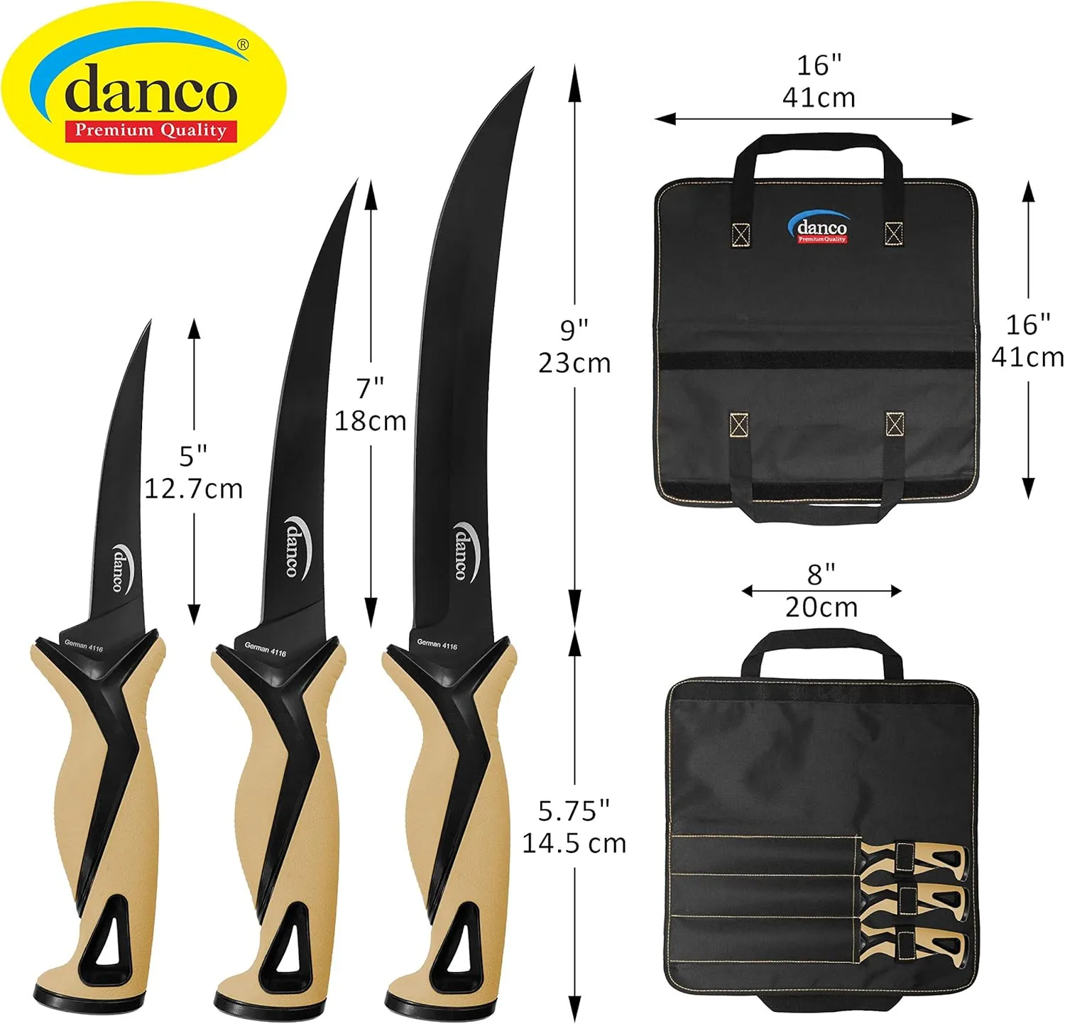 danco Pro Series Roll Up Bag Kit | 5" & 7" Fillet Knives and 9" Stout Knife | Full Tang German G4116 Stainless-Steel Blades with Teflon Coating, (Sandstorm)
