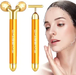 DANGSHAN 2-in-1 Electric Face Massager 24k Golden Facial Massager, 3D Roller and T Shape Facial Roller Massager Kit Skin Care Tools
