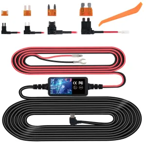 Dash Cam Hardwire Kit, Mini USB Hard Wire Kit Fuse for Dashcam, 12V-24V to 5V Car Dash Camera Charger Power Cord, Gift 4 Fuse Tap Cable and Installation Tool（11.5ft