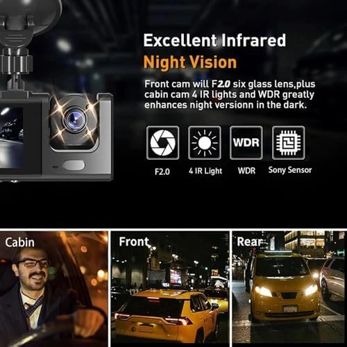 Dash Camera for Car Security Camera 3 Channel Dashcam Front and Rear Inside 1080P with 2 Inch Screen, Loop Recording, HDR, G-Sensor