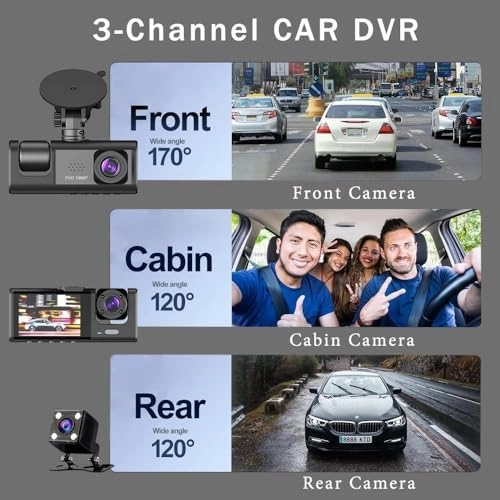 Dash Camera for Car Security Camera 3 Channel Dashcam Front and Rear Inside 1080P with 2 Inch Screen, Loop Recording, HDR, G-Sensor