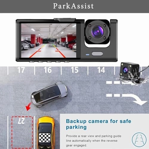 Dash Camera for Car Security Camera 3 Channel Dashcam Front and Rear Inside 1080P with 2 Inch Screen, Loop Recording, HDR, G-Sensor