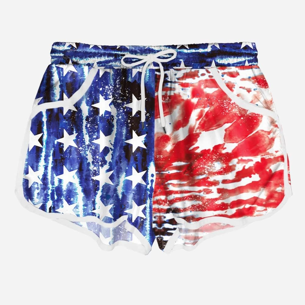 Deerose Women 4th of July Board Shorts Hawaiian Tropical Print Beach Swim Shorts with Pockets