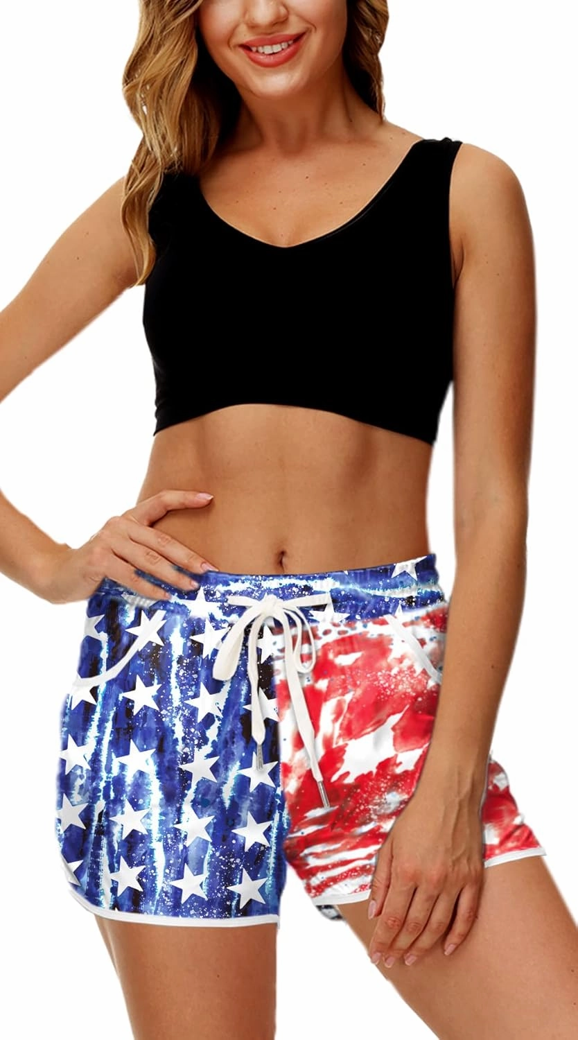 Deerose Women 4th of July Board Shorts Hawaiian Tropical Print Beach Swim Shorts with Pockets