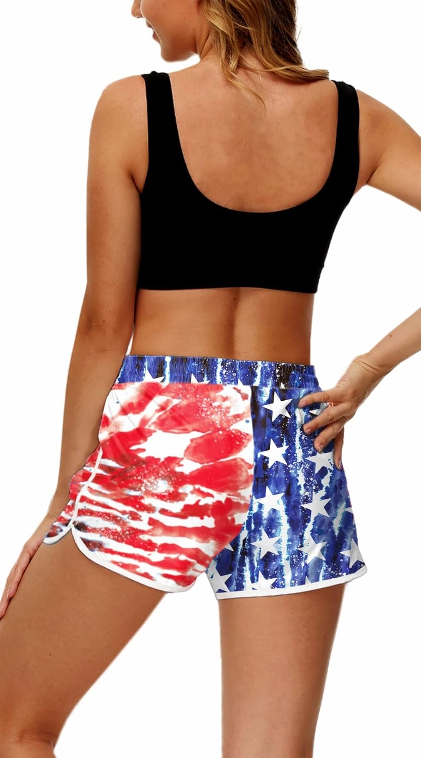 Deerose Women 4th of July Board Shorts Hawaiian Tropical Print Beach Swim Shorts with Pockets