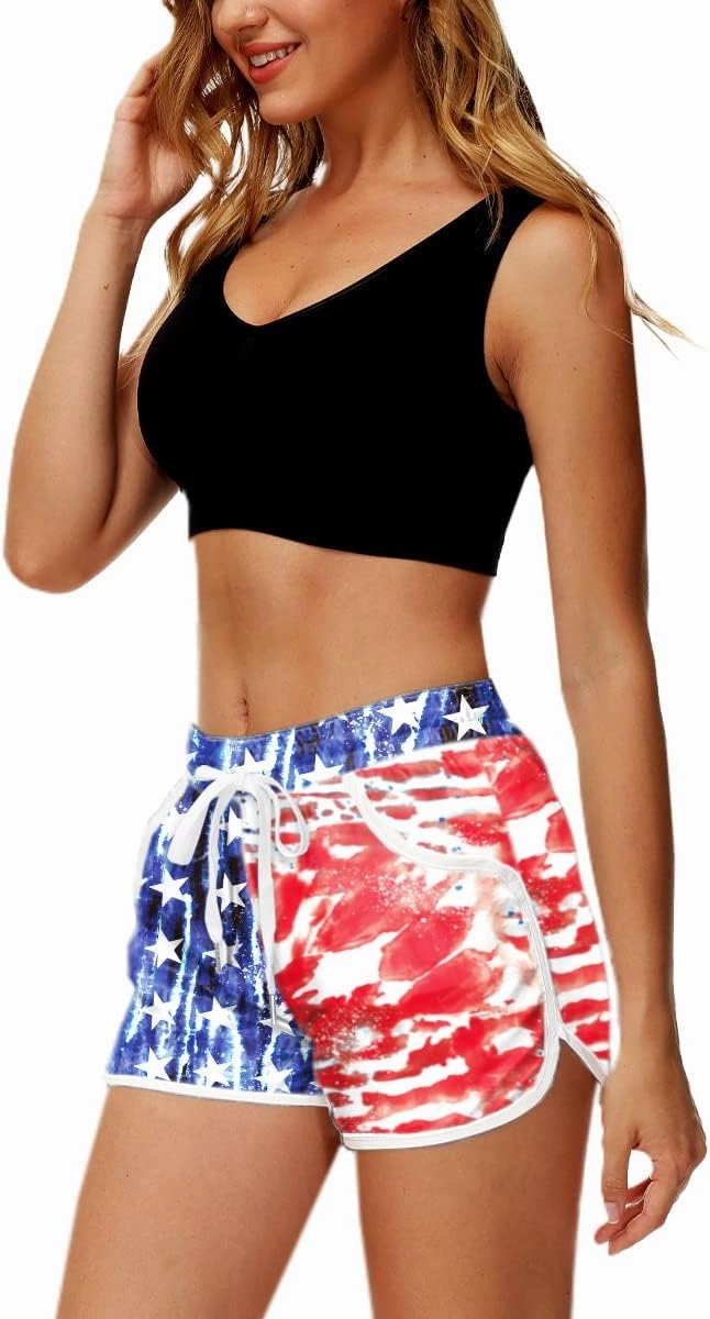 Deerose Women 4th of July Board Shorts Hawaiian Tropical Print Beach Swim Shorts with Pockets