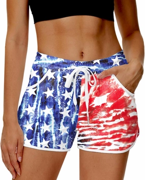 Deerose Women 4th of July Board Shorts Hawaiian Tropical Print Beach Swim Shorts with Pockets