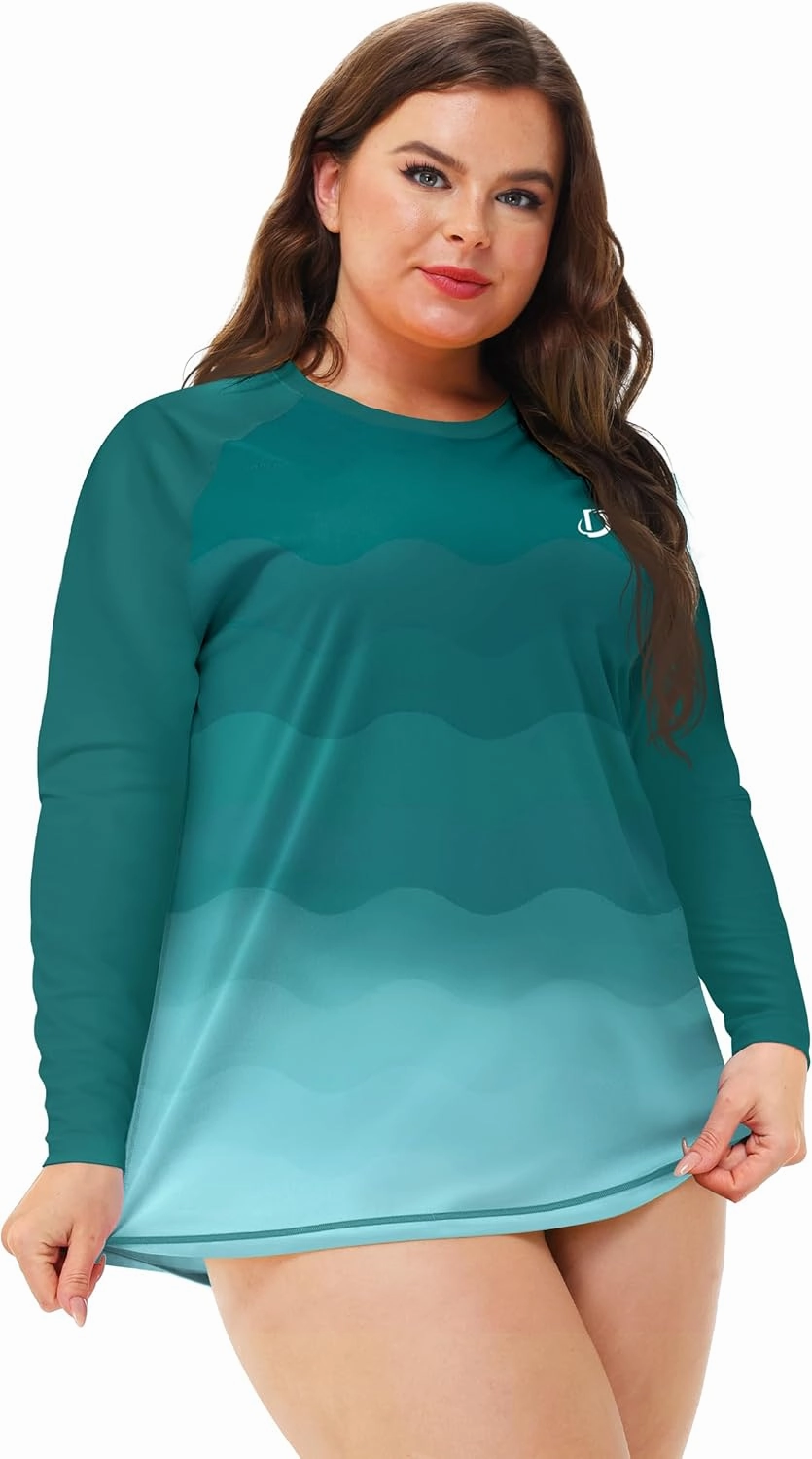 Deerose Womens Plus Size Rash Guard Long Sleeve Swim Shirts with Thumb Hole