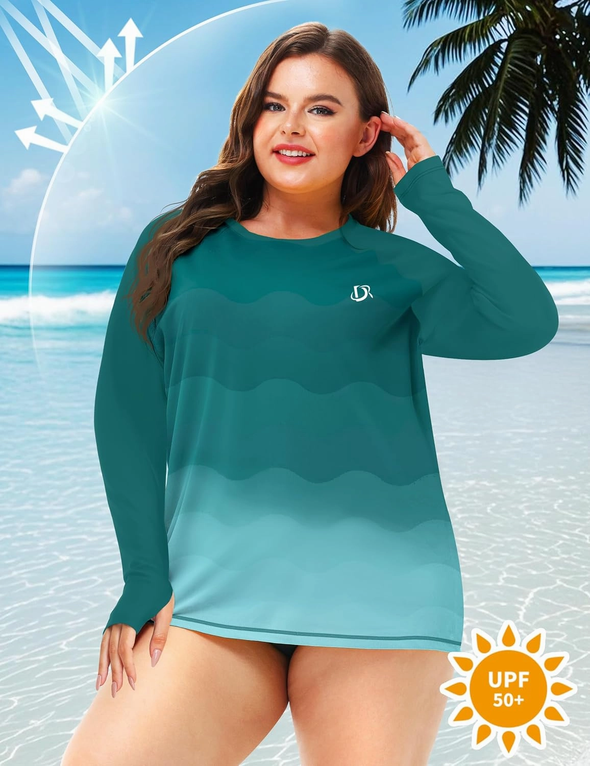 Deerose Womens Plus Size Rash Guard Long Sleeve Swim Shirts with Thumb Hole