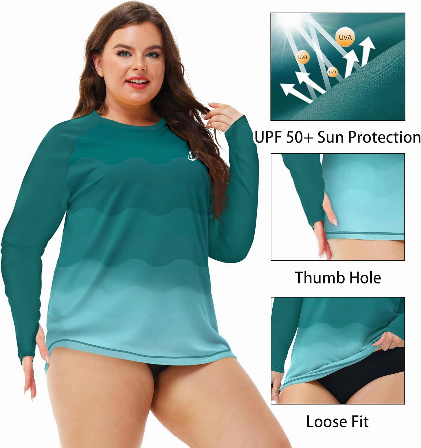 Deerose Womens Plus Size Rash Guard Long Sleeve Swim Shirts with Thumb Hole