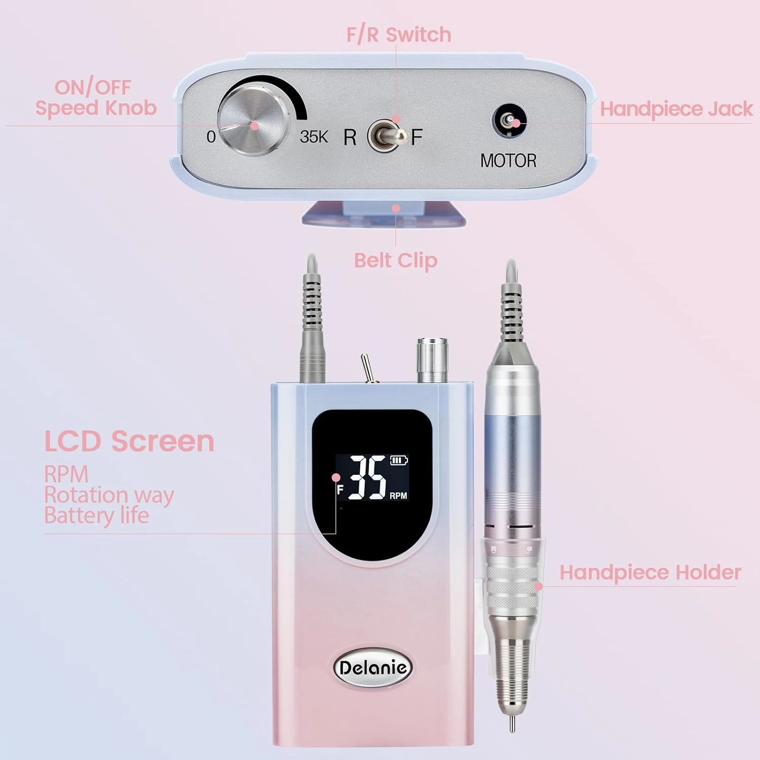 Delanie Professional Nail Drill High Torque 35000 RPM Rechargeable Portable Electric Nail File Filer for Acrylic Gel with Cuticle Bits, Salon Manicure Tool, Gradient Pink