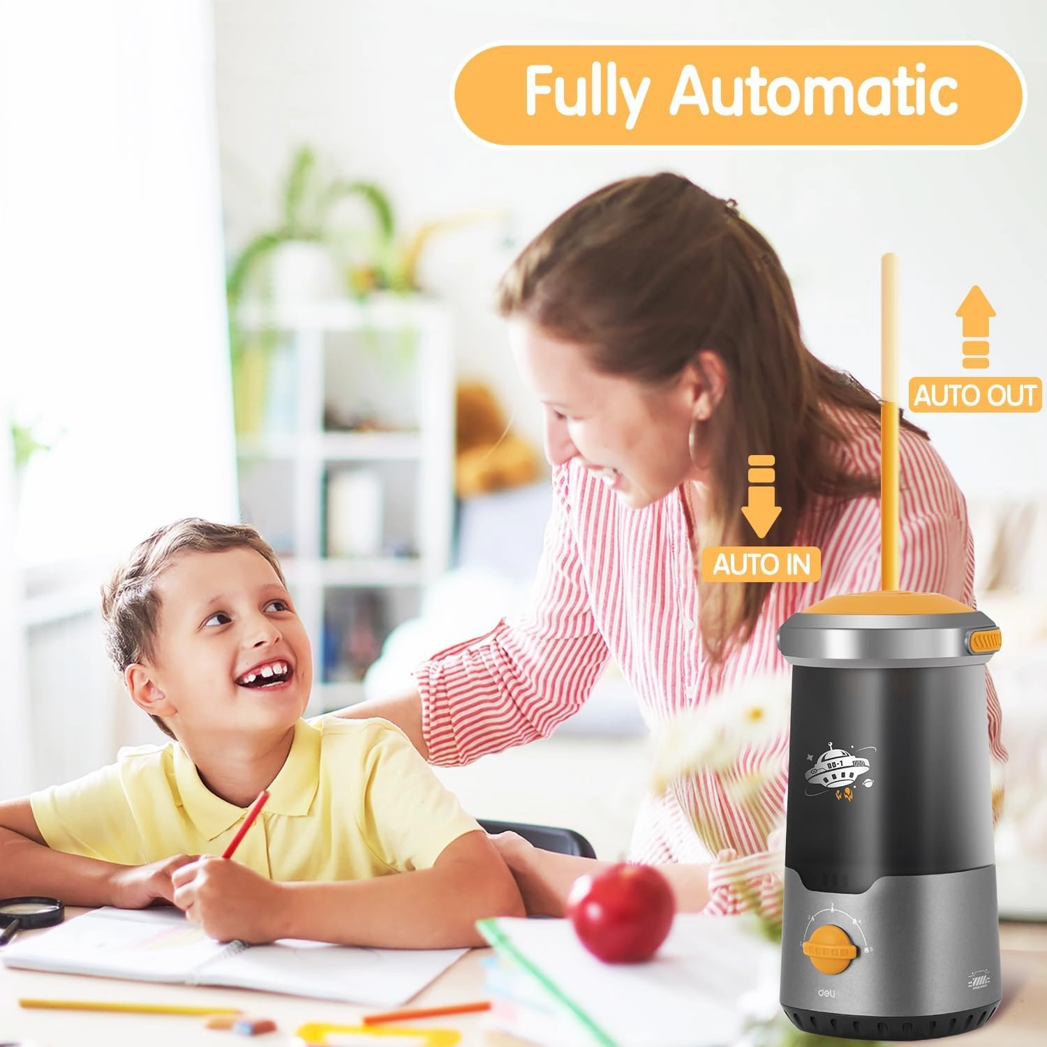 deli Electric Pencil Sharpener, Fully Automatic Spaceship Styling Pencil Sharpener, Auto in & Out, Rechargeable Hands-Free Pencil Sharpener for 6.9-10.8mm, Home, Classroom, Battery Operate, Black