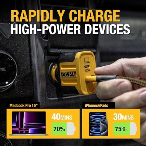 DEWALT 120W USB C Car Charger and 100W Type C Charging Cable, 2-Port PD 3.0 Type C Adapter, PPS USBC to USBC Fast Charging with Power Delivery for iPhone 15 14 13 12 11 X XS Pro Max Mini, Galaxy S22