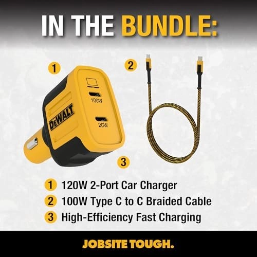 DEWALT 120W USB C Car Charger and 100W Type C Charging Cable, 2-Port PD 3.0 Type C Adapter, PPS USBC to USBC Fast Charging with Power Delivery for iPhone 15 14 13 12 11 X XS Pro Max Mini, Galaxy S22