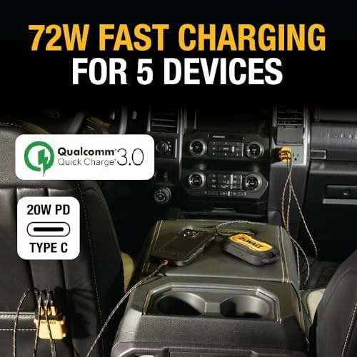 DEWALT 5-Port Front & Back Seat Mobile USB PD Car Charger, 72W Car Charger Adapter, USB Car Charger for Multiple Devices, Cigarette Lighter Adapter USB Charger with Cable for Back Seat Charging