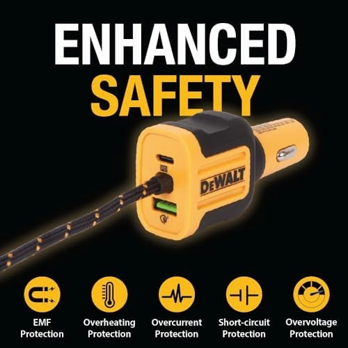 DEWALT 5-Port Front & Back Seat Mobile USB PD Car Charger, 72W Car Charger Adapter, USB Car Charger for Multiple Devices, Cigarette Lighter Adapter USB Charger with Cable for Back Seat Charging
