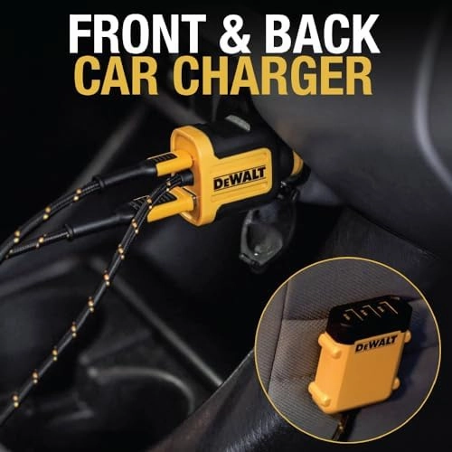DEWALT 5-Port Front & Back Seat Mobile USB PD Car Charger, 72W Car Charger Adapter, USB Car Charger for Multiple Devices, Cigarette Lighter Adapter USB Charger with Cable for Back Seat Charging