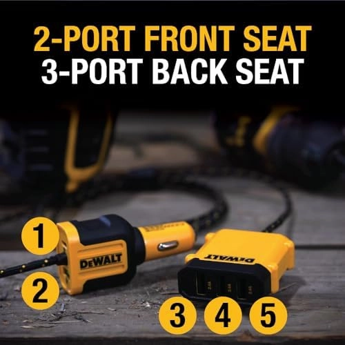 DEWALT 5-Port Front & Back Seat Mobile USB PD Car Charger, 72W Car Charger Adapter, USB Car Charger for Multiple Devices, Cigarette Lighter Adapter USB Charger with Cable for Back Seat Charging
