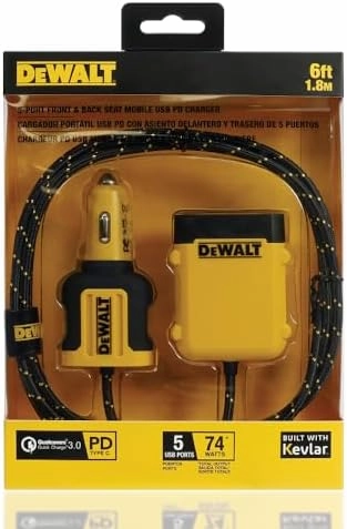 DEWALT 5-Port Front & Back Seat Mobile USB PD Car Charger, 72W Car Charger Adapter, USB Car Charger for Multiple Devices, Cigarette Lighter Adapter USB Charger with Cable for Back Seat Charging