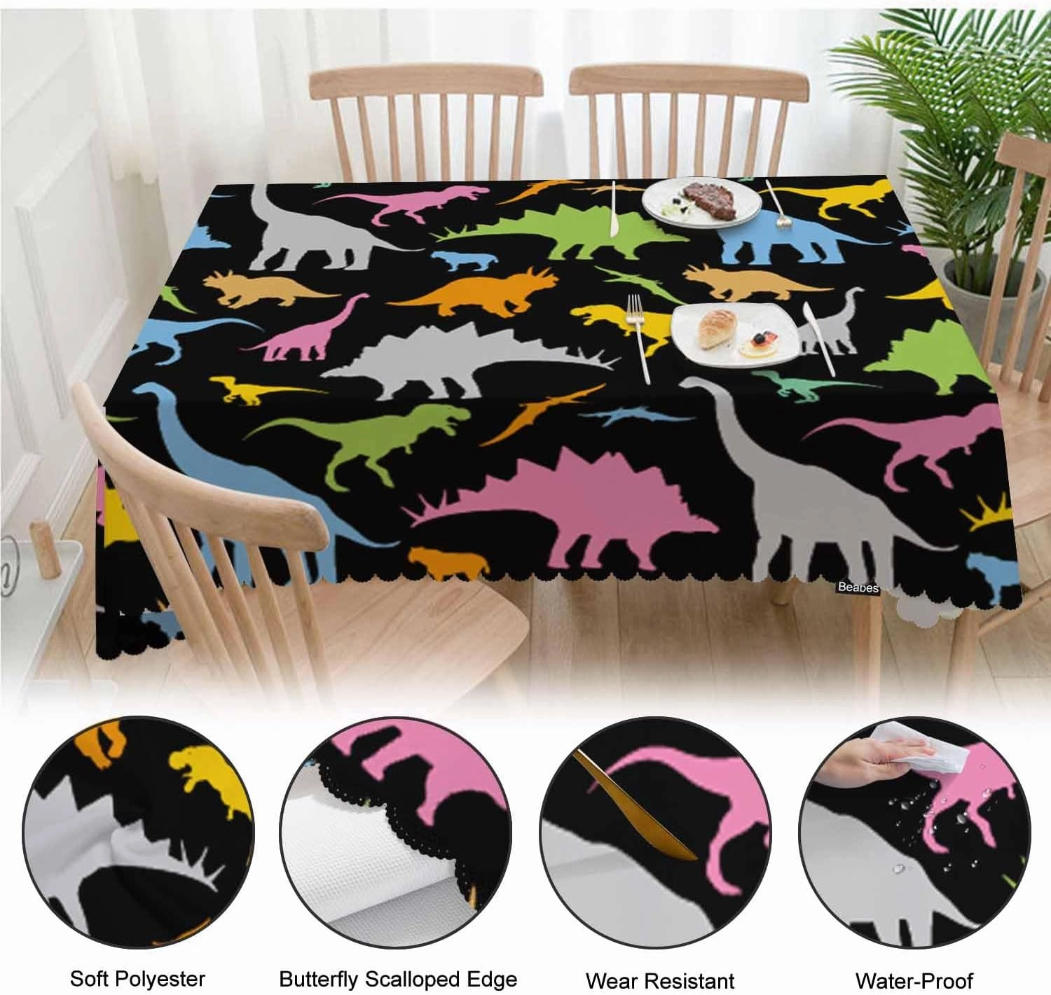 Dinosaur Rectangle Tablecloth 52x70 Inch Colorful Dinosaurs Dragon Cute Dining Table Cloth Table Cover for Home Kitchen Restaurant Party Buffet Picnic, 4-6 Seats