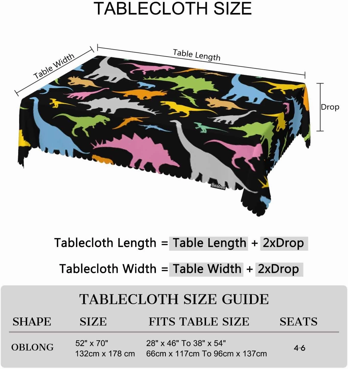 Dinosaur Rectangle Tablecloth 52x70 Inch Colorful Dinosaurs Dragon Cute Dining Table Cloth Table Cover for Home Kitchen Restaurant Party Buffet Picnic, 4-6 Seats