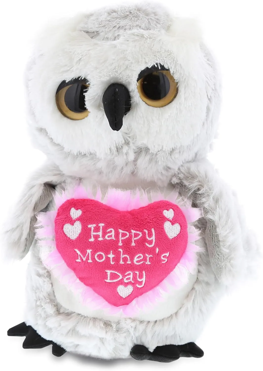 DolliBu Happy Mother's Day White Owl Bird - Cute Stuffed Animal with Pink Heart Message for Best Mommy, Grandma, Wife, Daughter - Cute Farm Life Plush Toy Mom Gift - 8.5 Inches