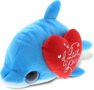 DolliBu I Love You Valentine Plush Big Eye Dolphin - Cute Soft Cuddly Stuffed Animal with Red Heart Gift for Valentines Day, Birthday Present, Anniversary, Romantic Date - 6 Inches
