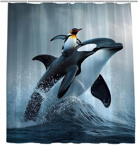 Dolphin and Penguin Shower Curtain Jumping Dolphins Blue Underwater World Kids Ocean Cool Animal Sea Fish Beach Coastal Summer Waves Nautical Bathroom Decor Curtains 70x78 inch with Hook