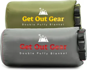Double Puffy Camping Blanket - Olive and Gray Bundle - Extra Puffy, Packable, Lightweight and Warm | Ideal for Outdoors, Travel | Water-Resistant Camp Quilt