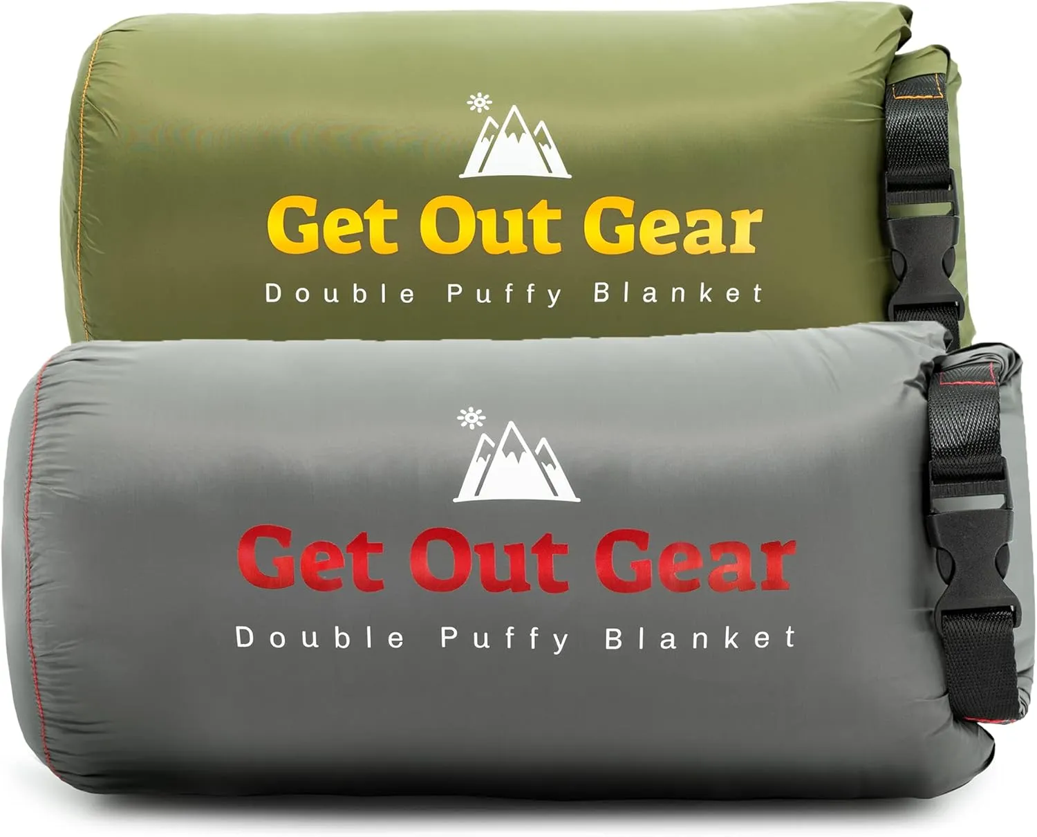 Double Puffy Camping Blanket - Olive and Gray Bundle - Extra Puffy, Packable, Lightweight and Warm | Ideal for Outdoors, Travel | Water-Resistant Camp Quilt