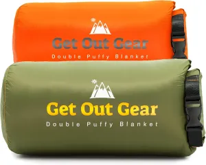 Double Puffy Camping Blanket - Olive and Orange Bundle - Extra Puffy, Packable, Lightweight and Warm | Ideal for Outdoors, Travel | Water-Resistant Camp Quilt