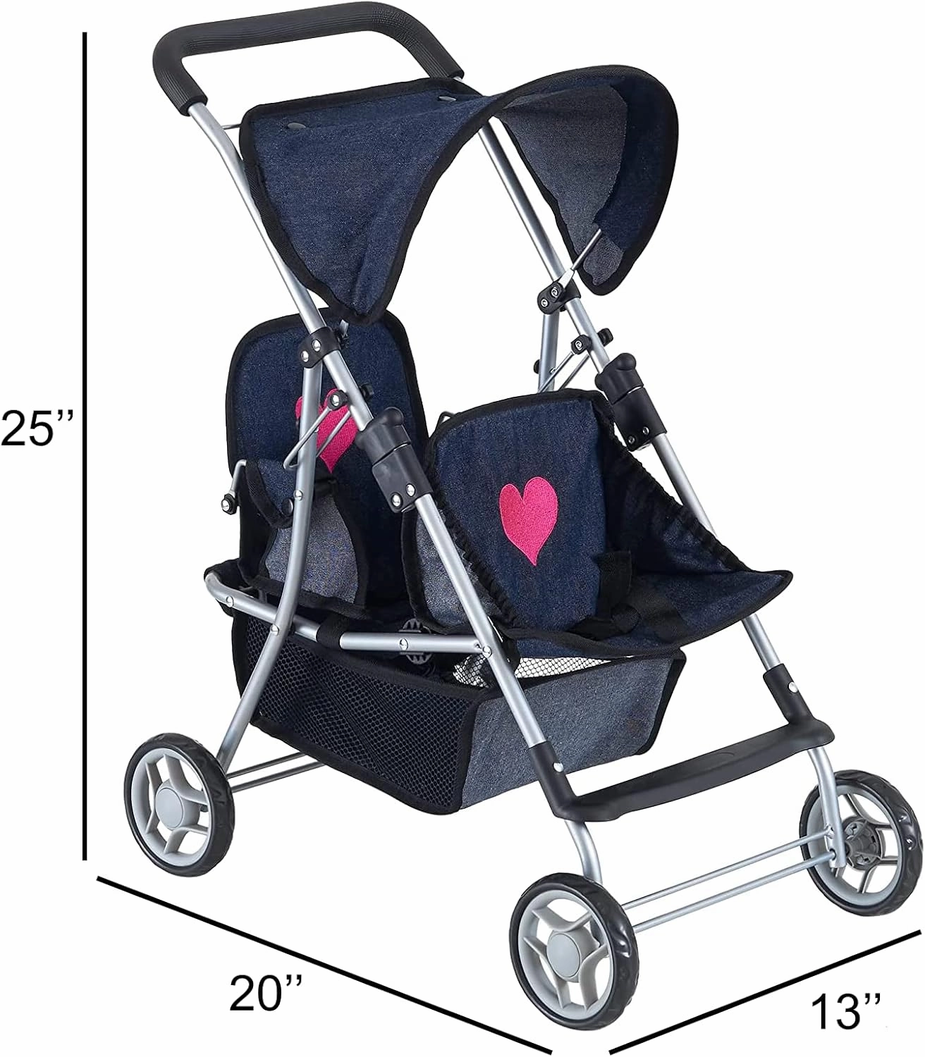 Double Baby Doll Stroller for Twin Dolls | Toy Doll Stroller for Toddlers, 4 Year Old, 5 Year Old Girls, 8 Year Old | 25” Tandem Play Toy Stroller for Baby Dolls, Denim Baby Stroller for Dolls