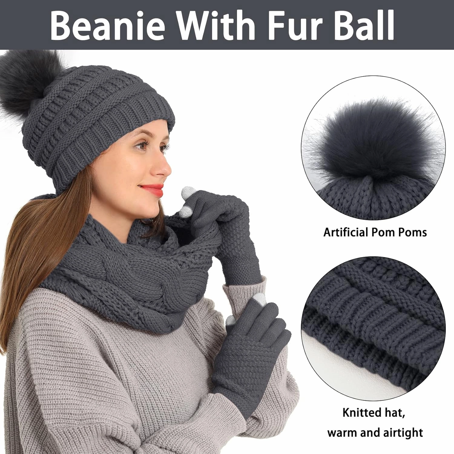 Double Couple 3pcs Winter Beanie Hat Scarf and Touch Screen Gloves Set for Women Knit Hat with Faux Fur Ball Scarves Glove
