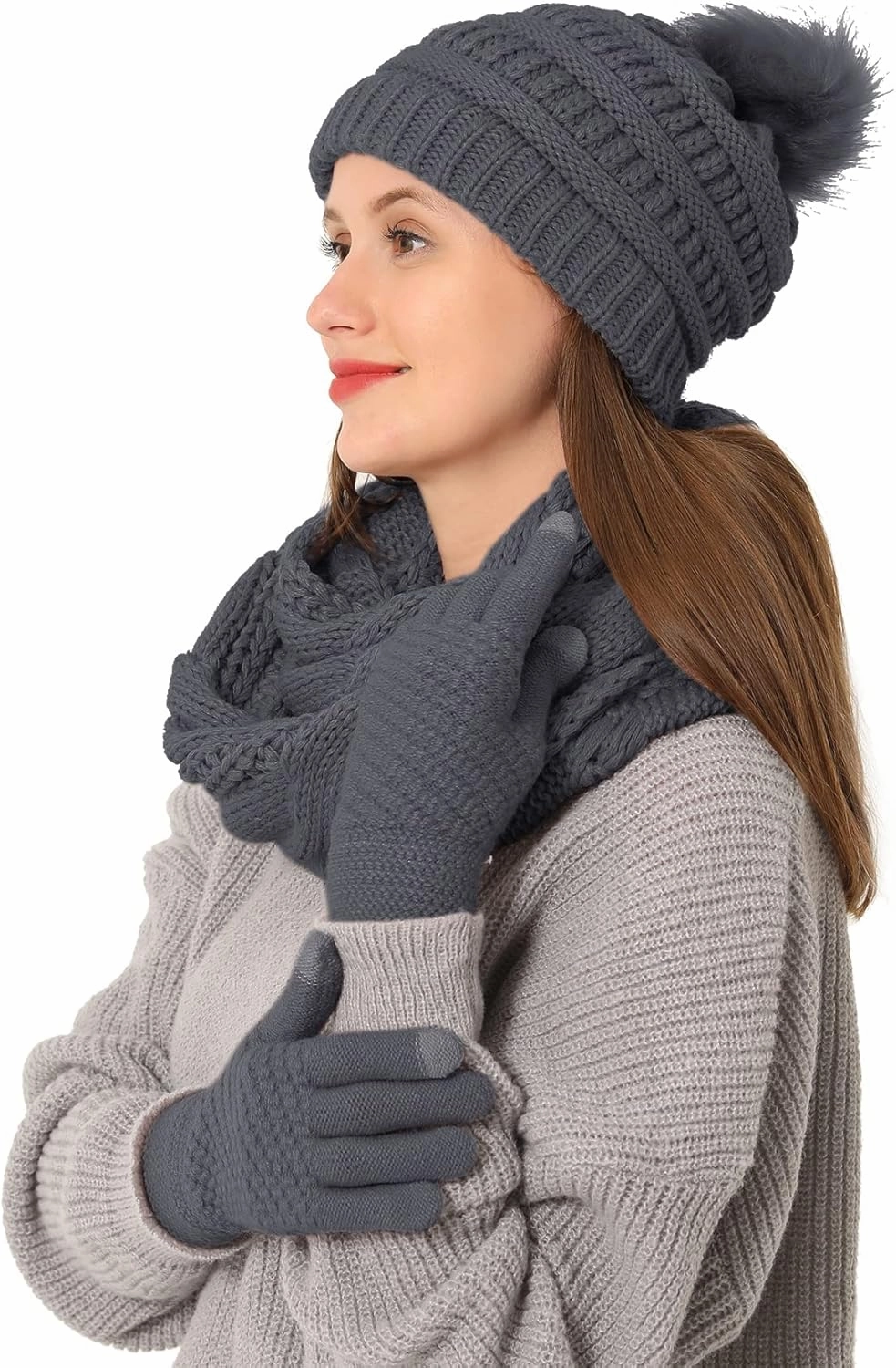 Double Couple 3pcs Winter Beanie Hat Scarf and Touch Screen Gloves Set for Women Knit Hat with Faux Fur Ball Scarves Glove