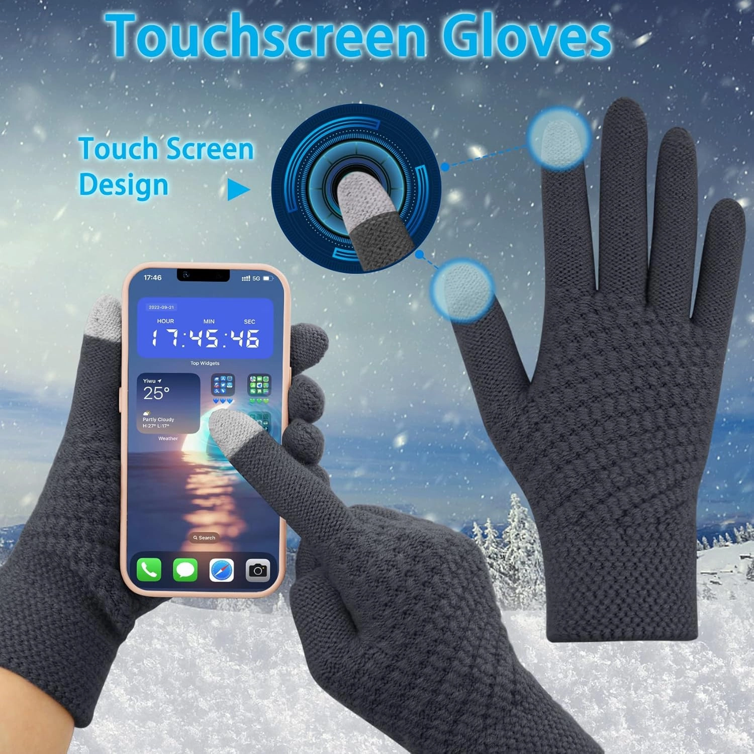 Double Couple 3pcs Winter Beanie Hat Scarf and Touch Screen Gloves Set for Women Knit Hat with Faux Fur Ball Scarves Glove