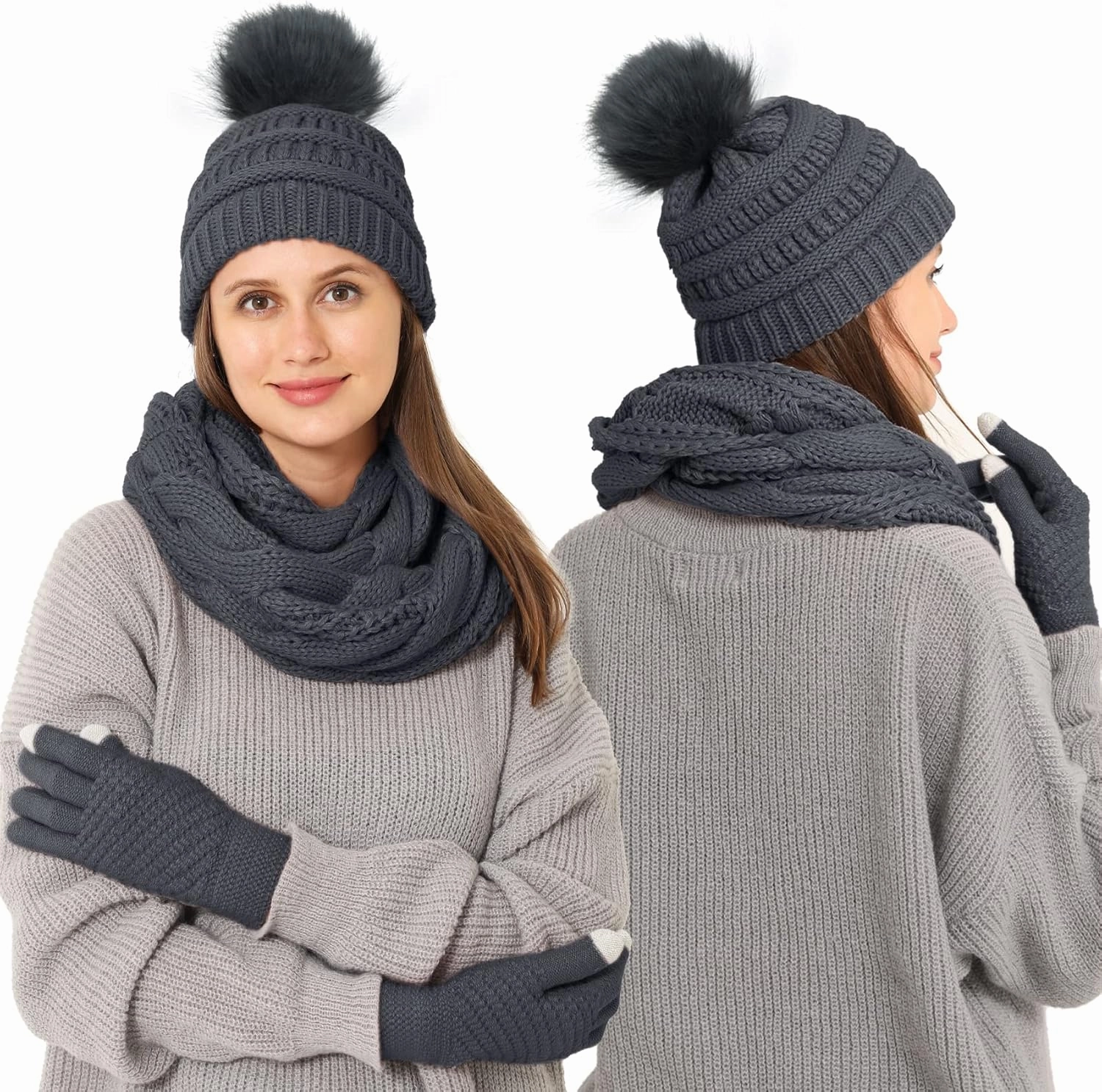 Double Couple 3pcs Winter Beanie Hat Scarf and Touch Screen Gloves Set for Women Knit Hat with Faux Fur Ball Scarves Glove